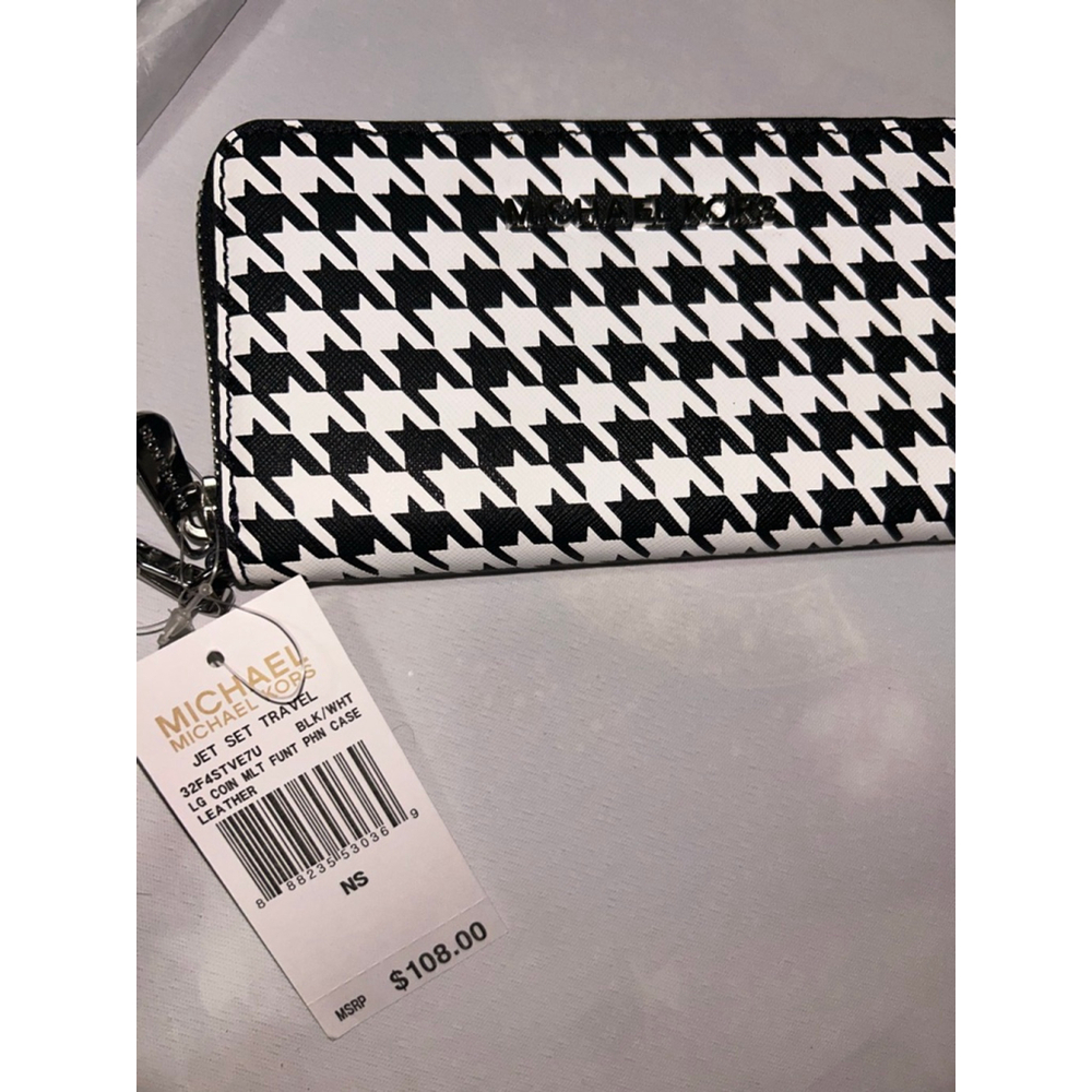 NWT Michael Kors Jet Set Houndstooth Zip Around Wallet Wristlet Black White - Picture 3 of 7